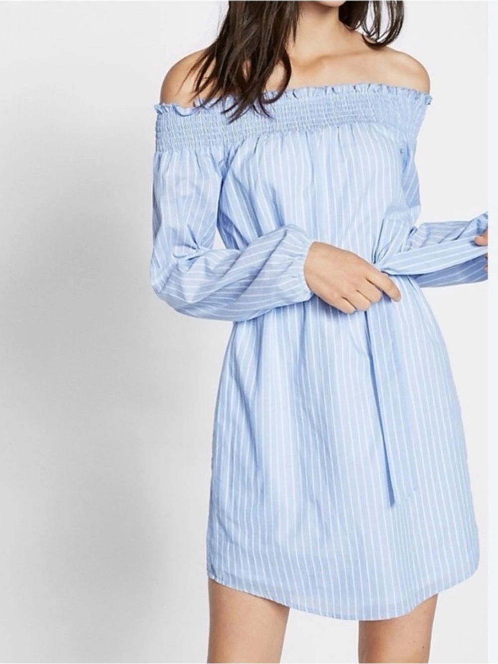 Express Light Blue and White Striped Off-Shoulder Dress with Tie Waist